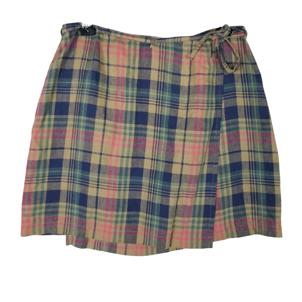 Lauren Ralph Lauren Wrap Skirt Women 12P Tan Plaid Linen Petite Mini Tie Skirt